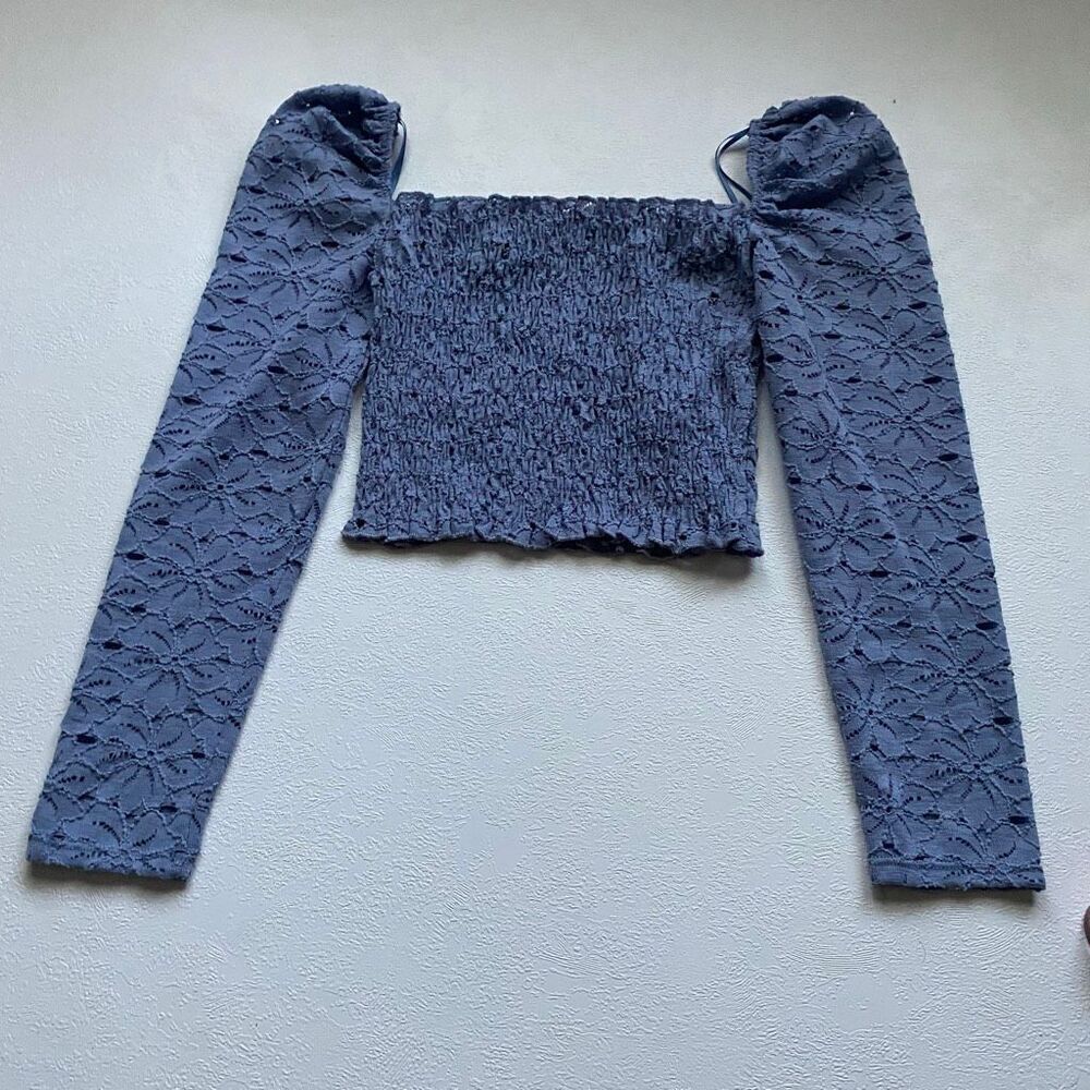 Topshop Lace Puff Sleeve Smocked Crop Top Blue Floral Mesh Size 0
